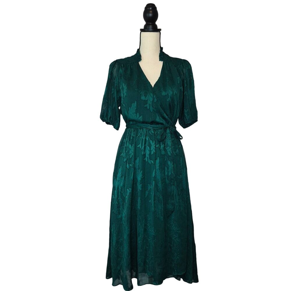 Draper James RSVP Emerald Teal Green Floral Jacquard Hi-Lo Midi Wrap Dress Sz M